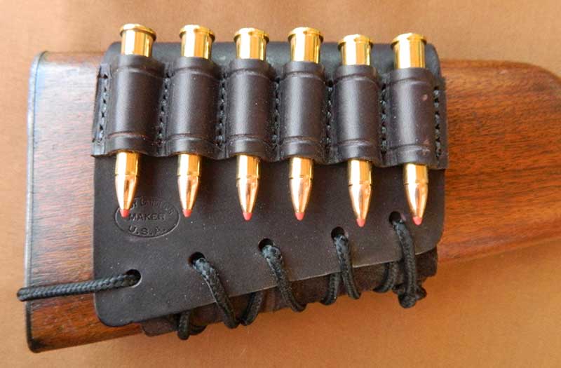 Andy’s Leather butt cuff on stock of Model 94. Running thong around end of stock prevents cuff from slipping forward.
