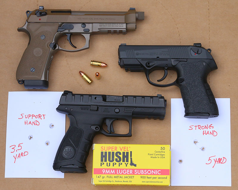 Distance is another way to handicap between the two hands. Top to bottom: Beretta M9A3, PX4 Compact Carry, and APX each felt comparable and landed similar hits firing three shots to the index card from five yards strong hand as they did at 3.5 yards with the support hand.