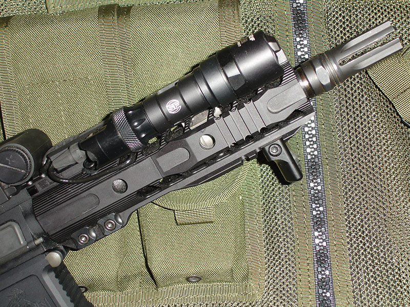 SureFire RM45 Off-Set Rail Mount positions light in offset position between rails of forend for lower profile and reduced snag potential.
