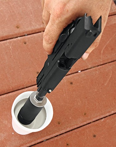Water and other viscous substances displace oxygen and cool gasses in silencer. They also eliminate first-round pop.
