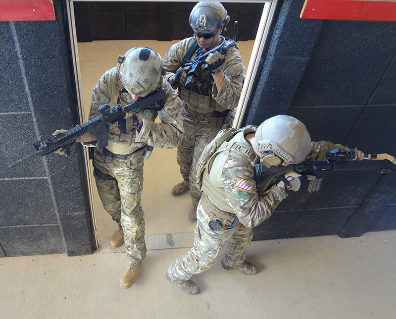 Delay before number three man can shoot center threats when number one and two man clear corners first upon entry. Regardless of how fast the team enters, there is still a split-second gap before center targets are engaged.