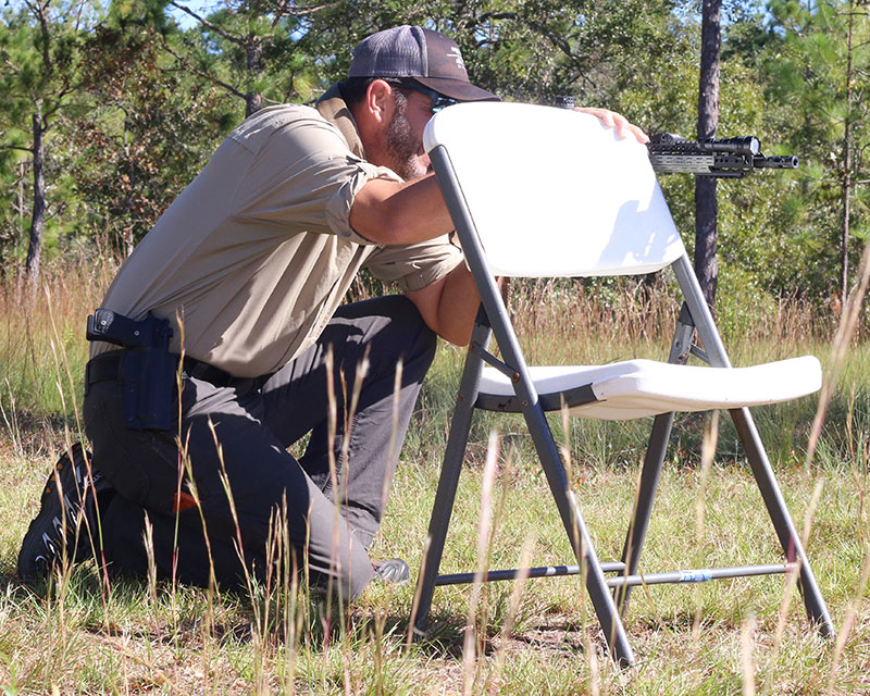 Next, shooter moves carbine to left shoulder and sets up for pair of shots from Left-Side Barricade.