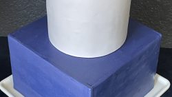 two tier cake with purple frosting on bottom and white frosting on top