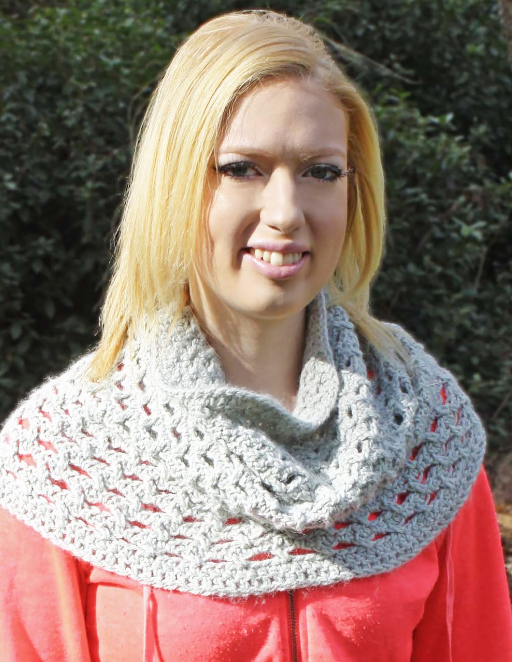 women wearing a grey crocheted cowl