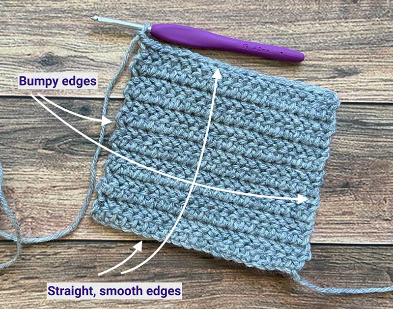 square of crochet stitches with smooth and bumpy edges for demonstration