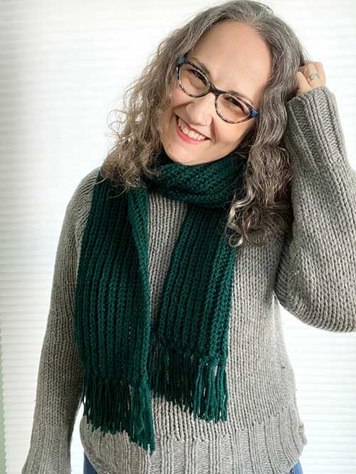brenda modeling the green scarf