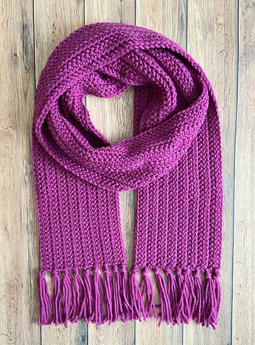 purple knotted double crochet scarf