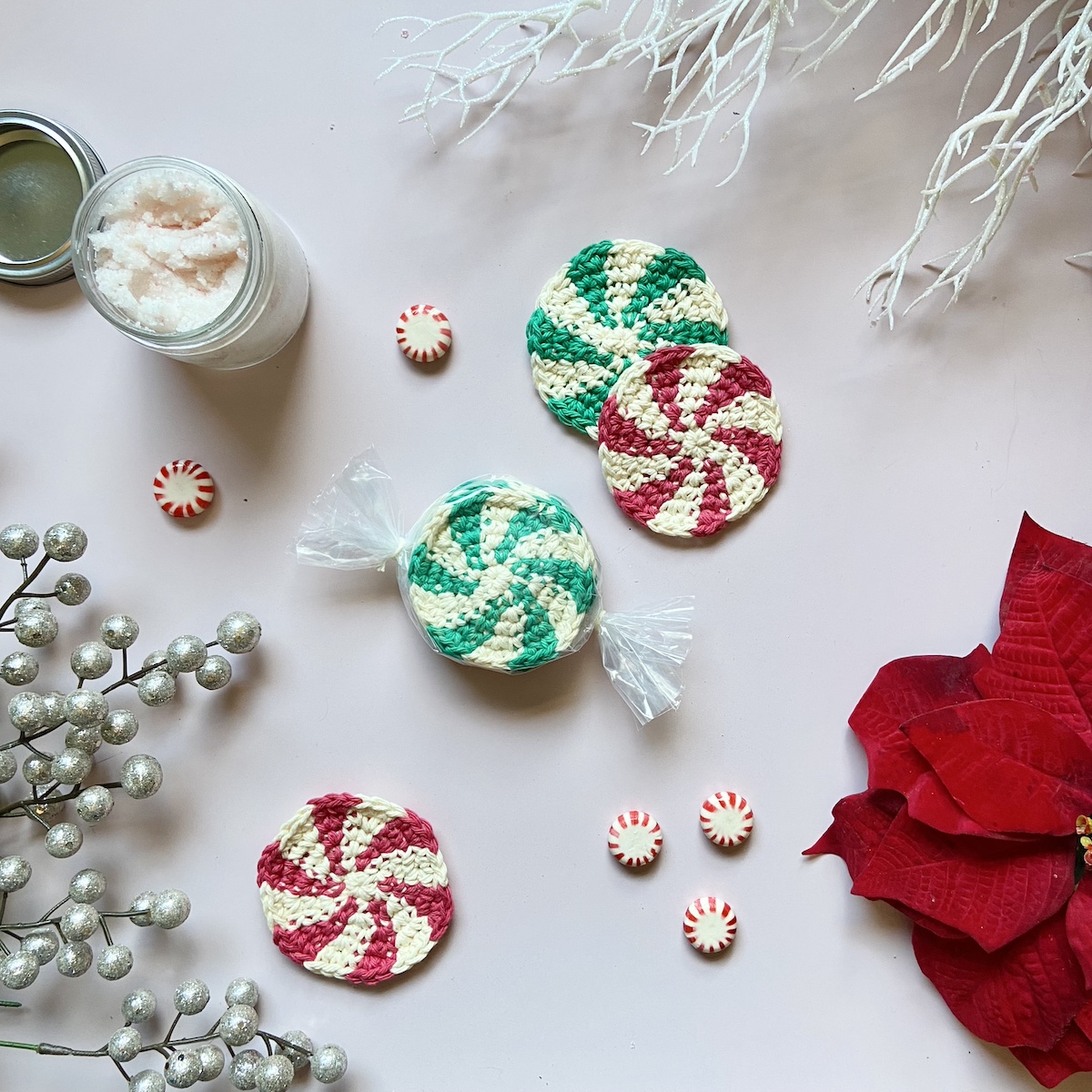 peppermint shaped crochet scrubbies in a Christmas display