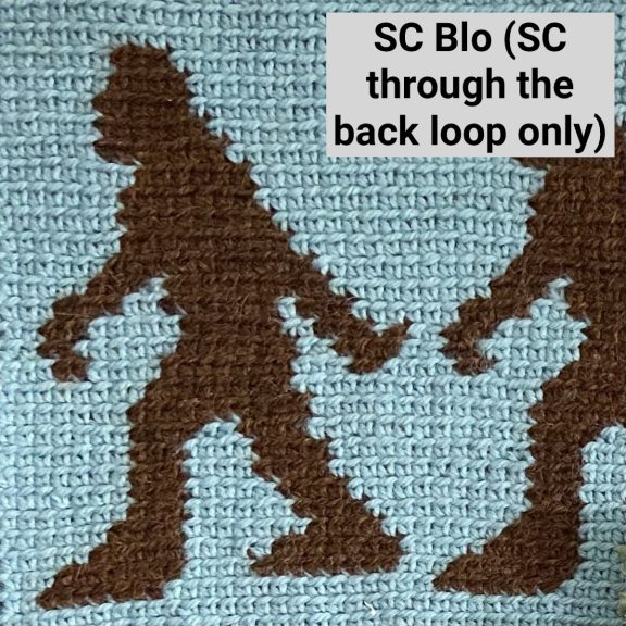 A blue and brown big foot tapestry crochet square made with SC through the back loop only 