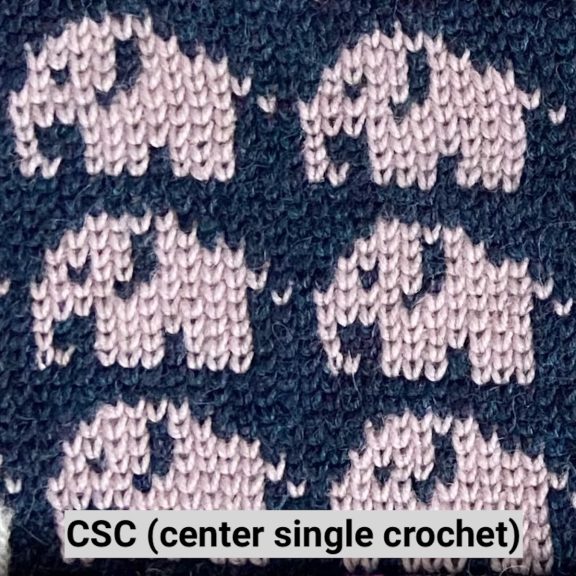 A navy blue and pink tapestry crochet pattern of elephants made with center single crochet 