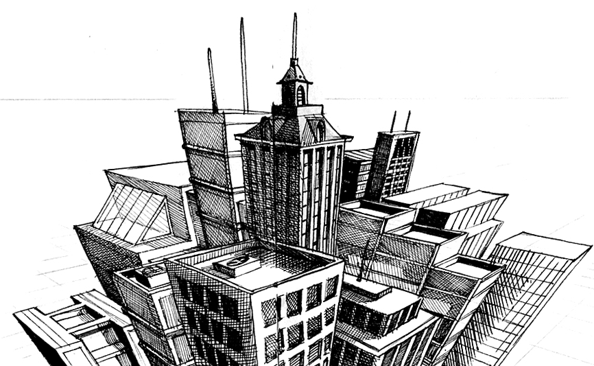 4 point perspective drawing city