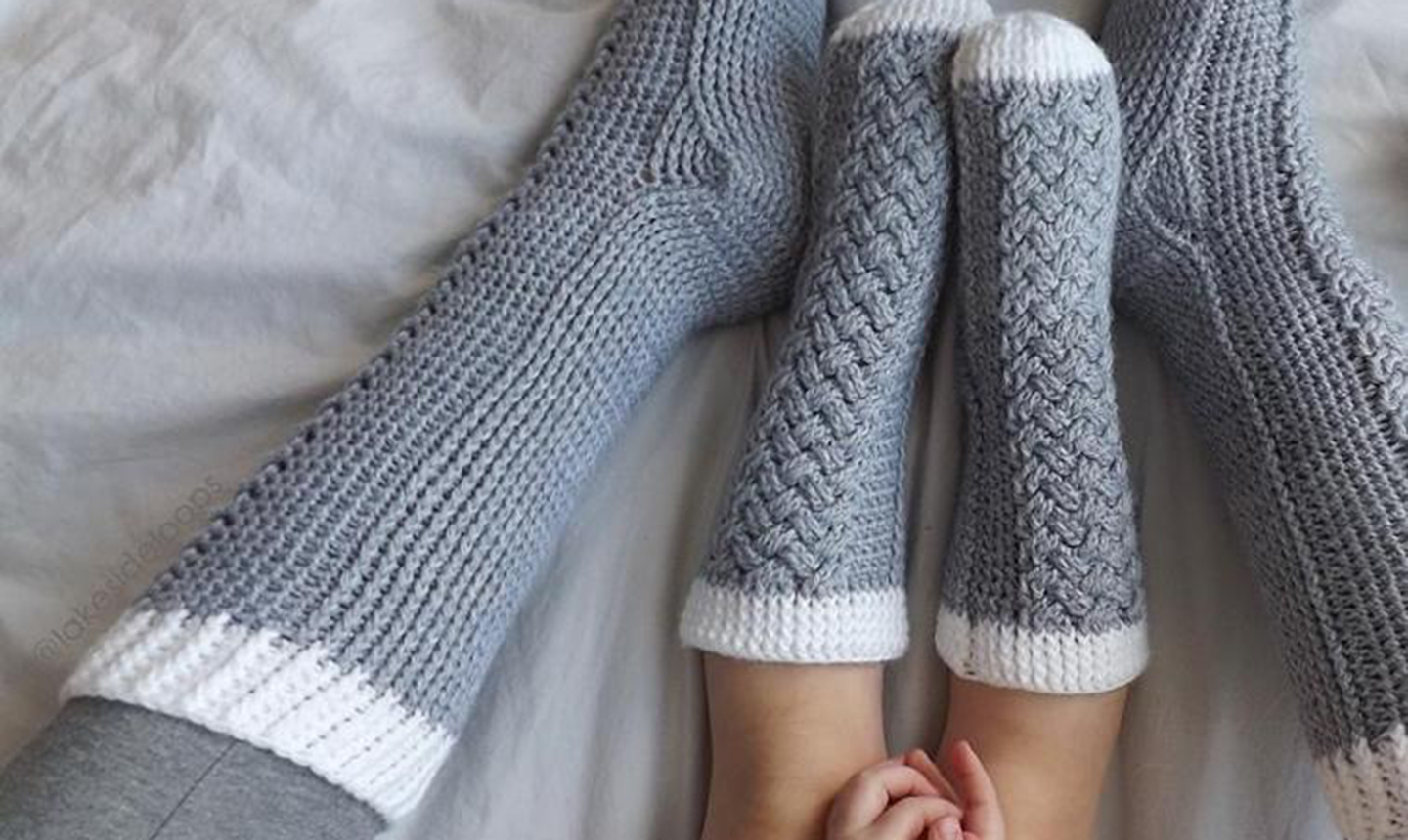 Crocheted grey and white socks 