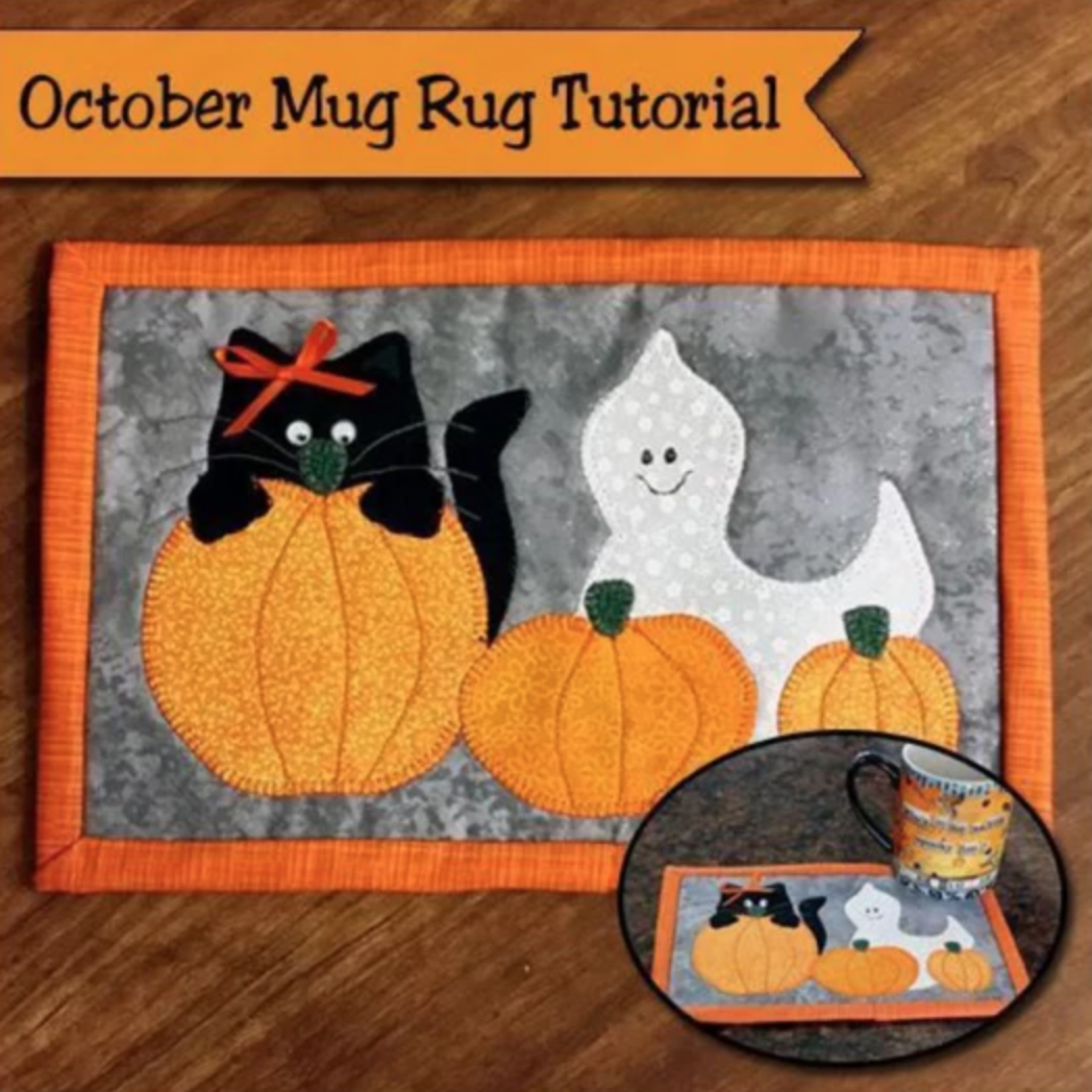 cat and ghost pumpkin mug rug