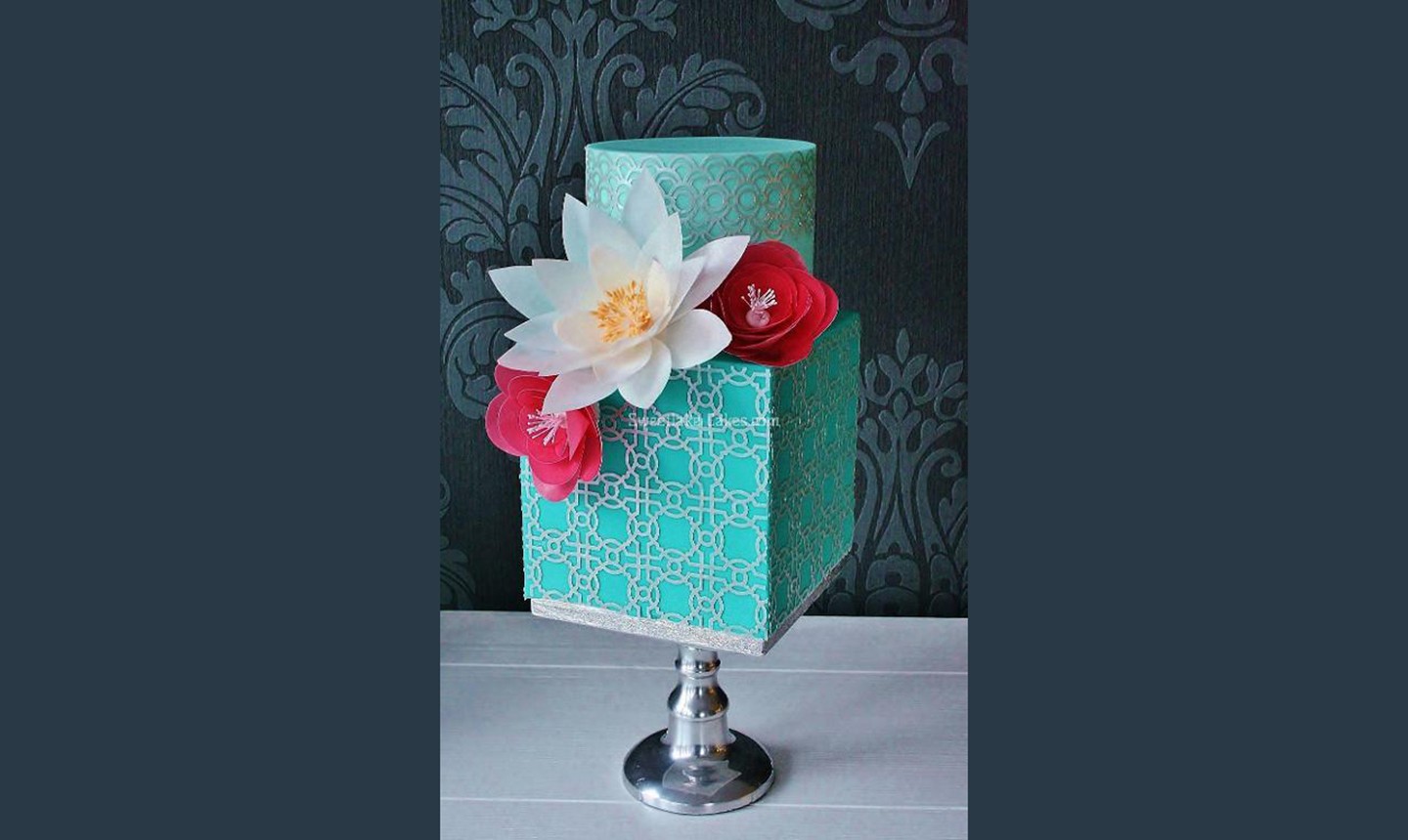 wafer paper flower teal cake