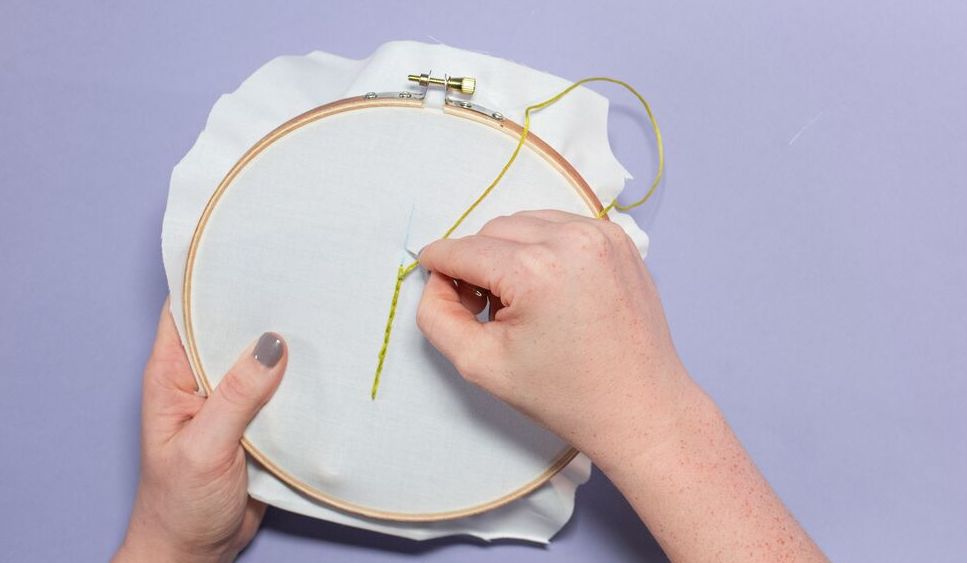 Women holding yellow split stitch embroidery