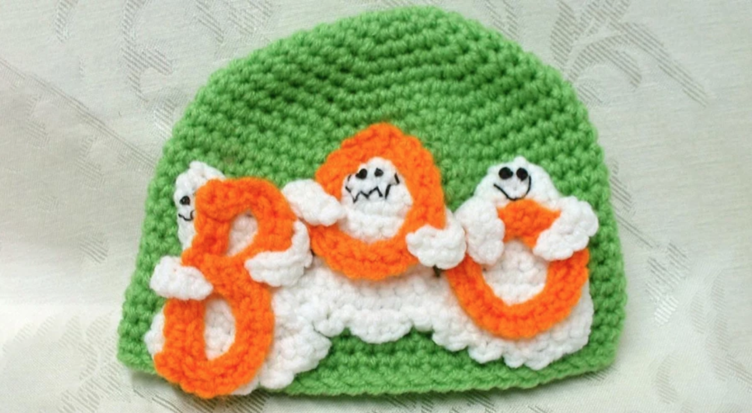 green crochet ghost hat