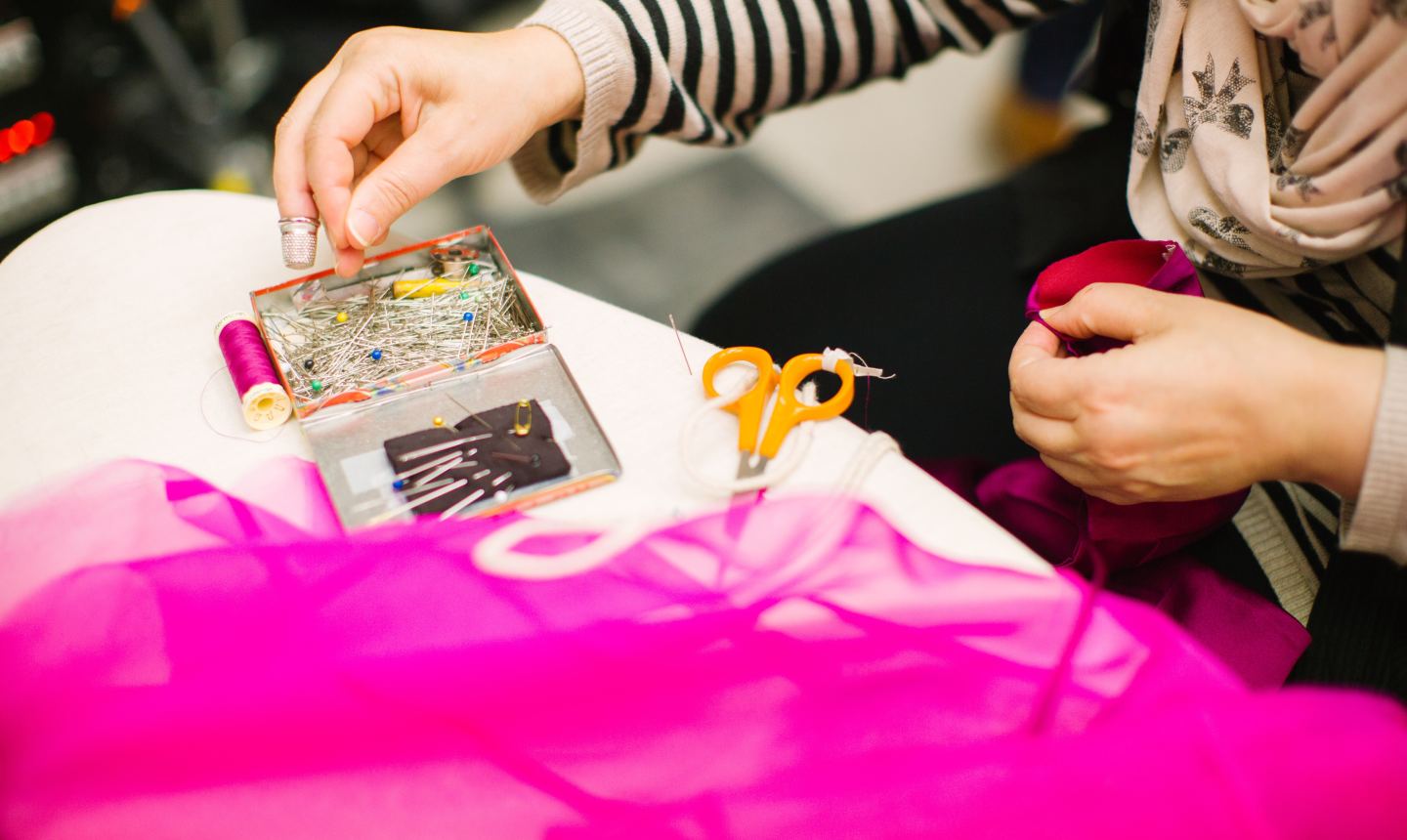 sewing pink tulle