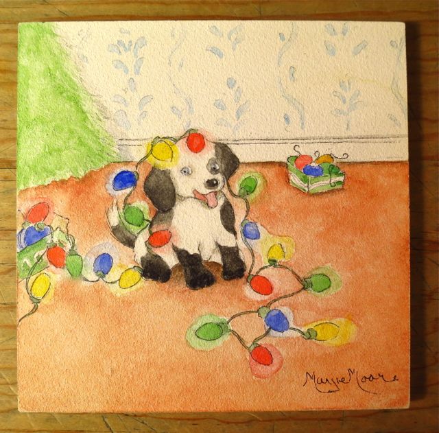 watercolor puppy and christmas lights