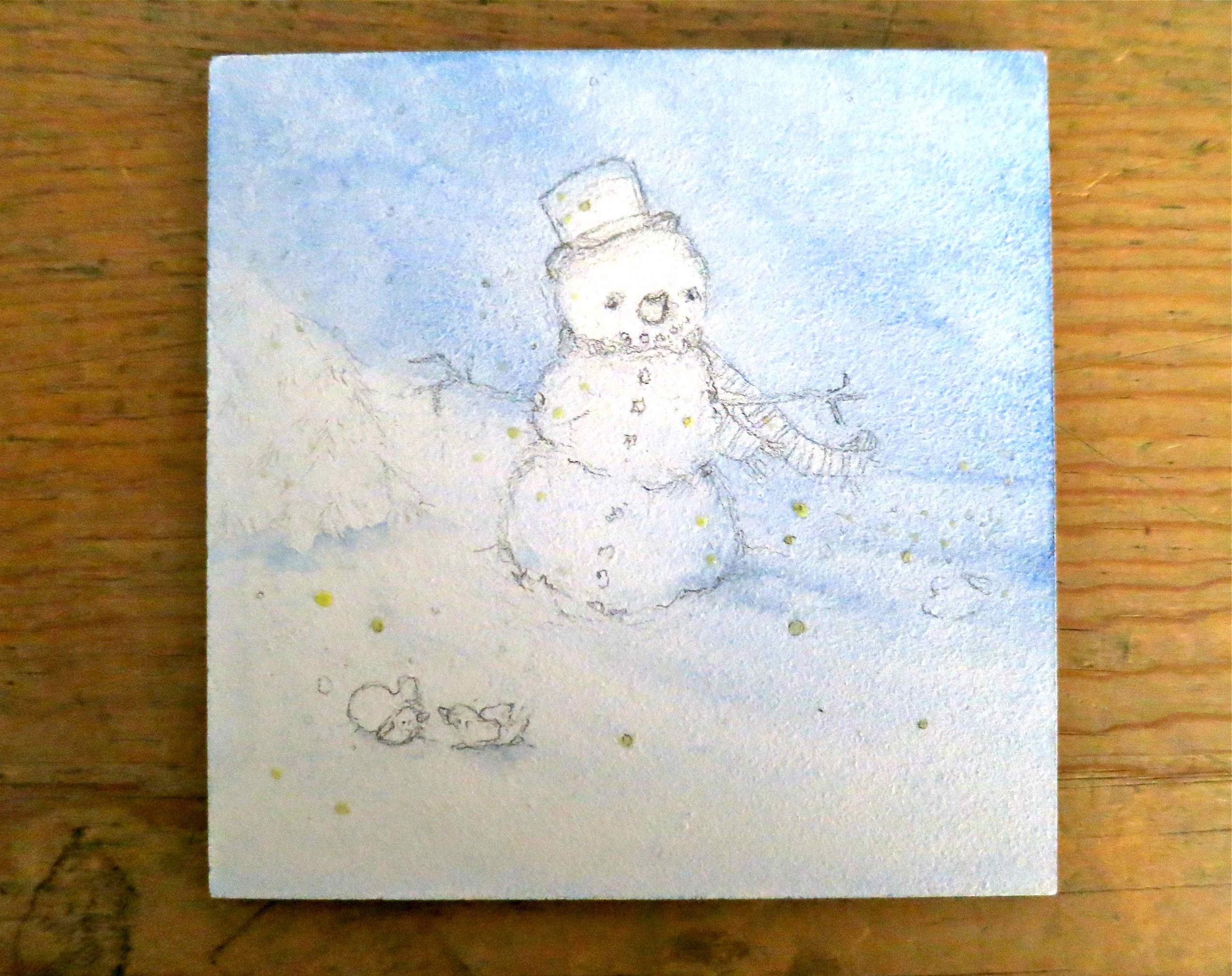 snowman painting blue wash
