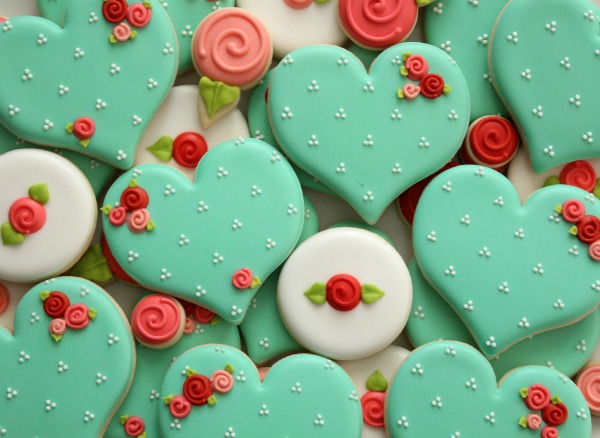 Green heart cookies with flowers