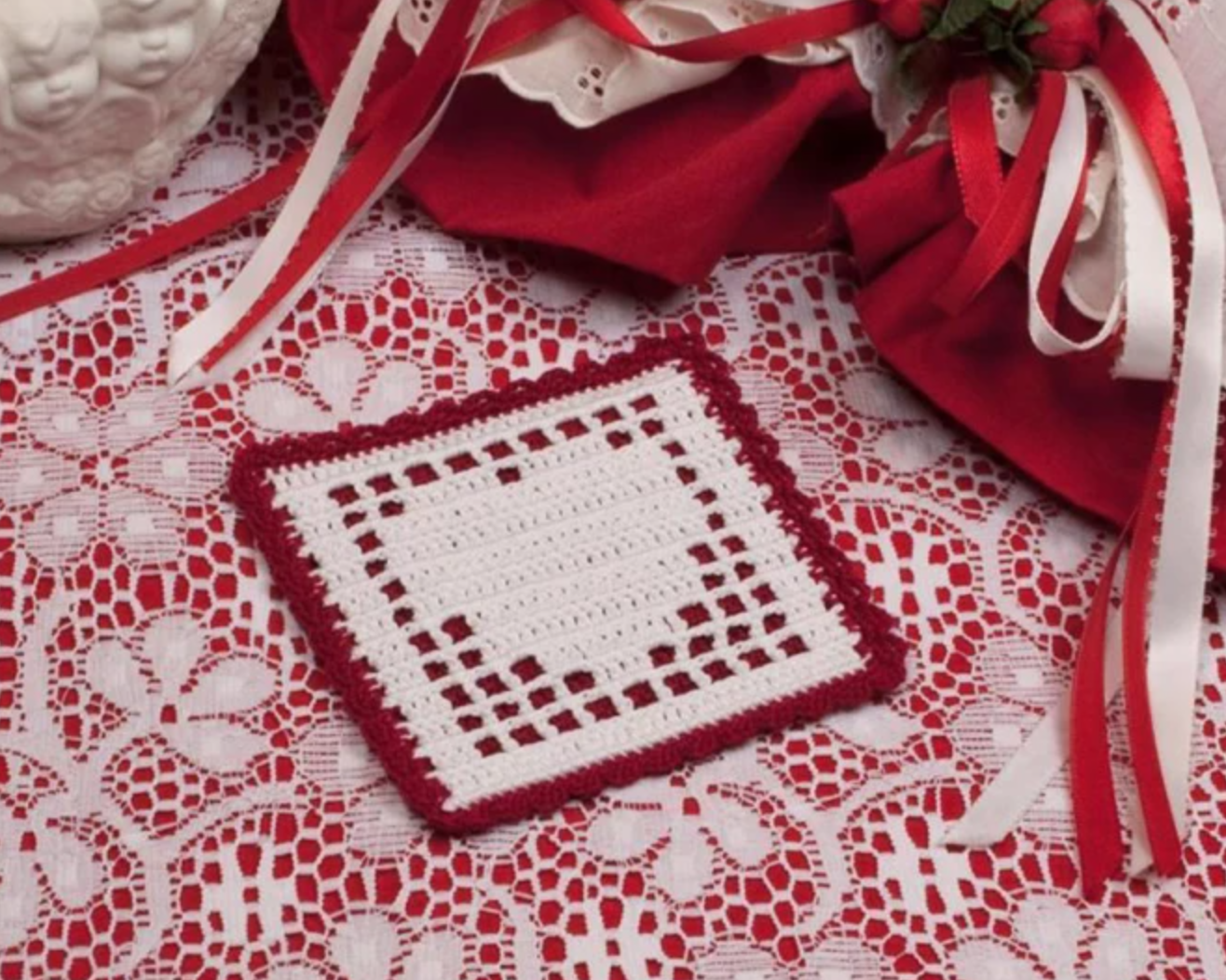 filet crochet heart coaster