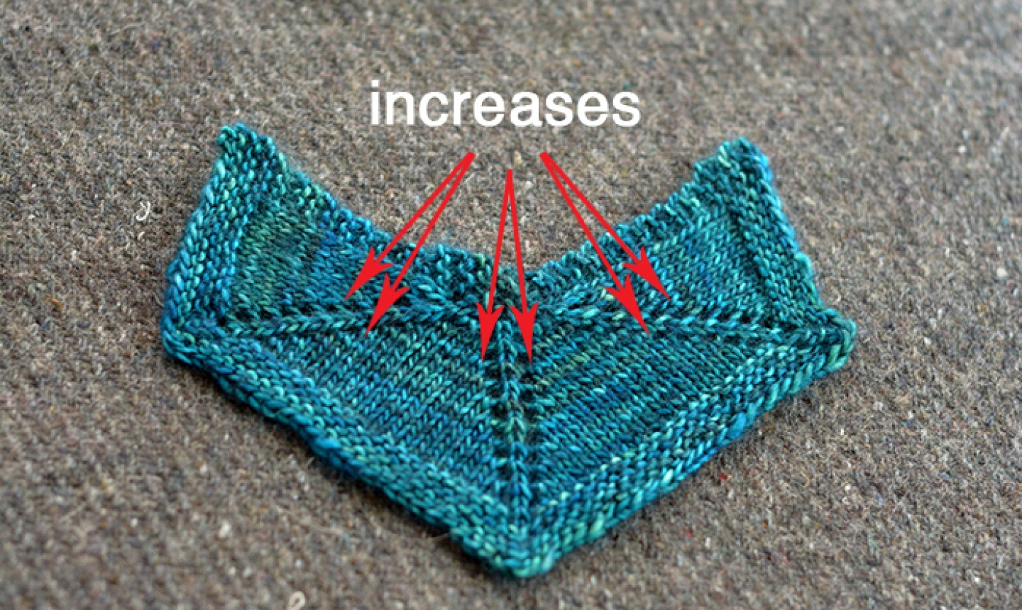 knit five point shawl shape with increases pointed out