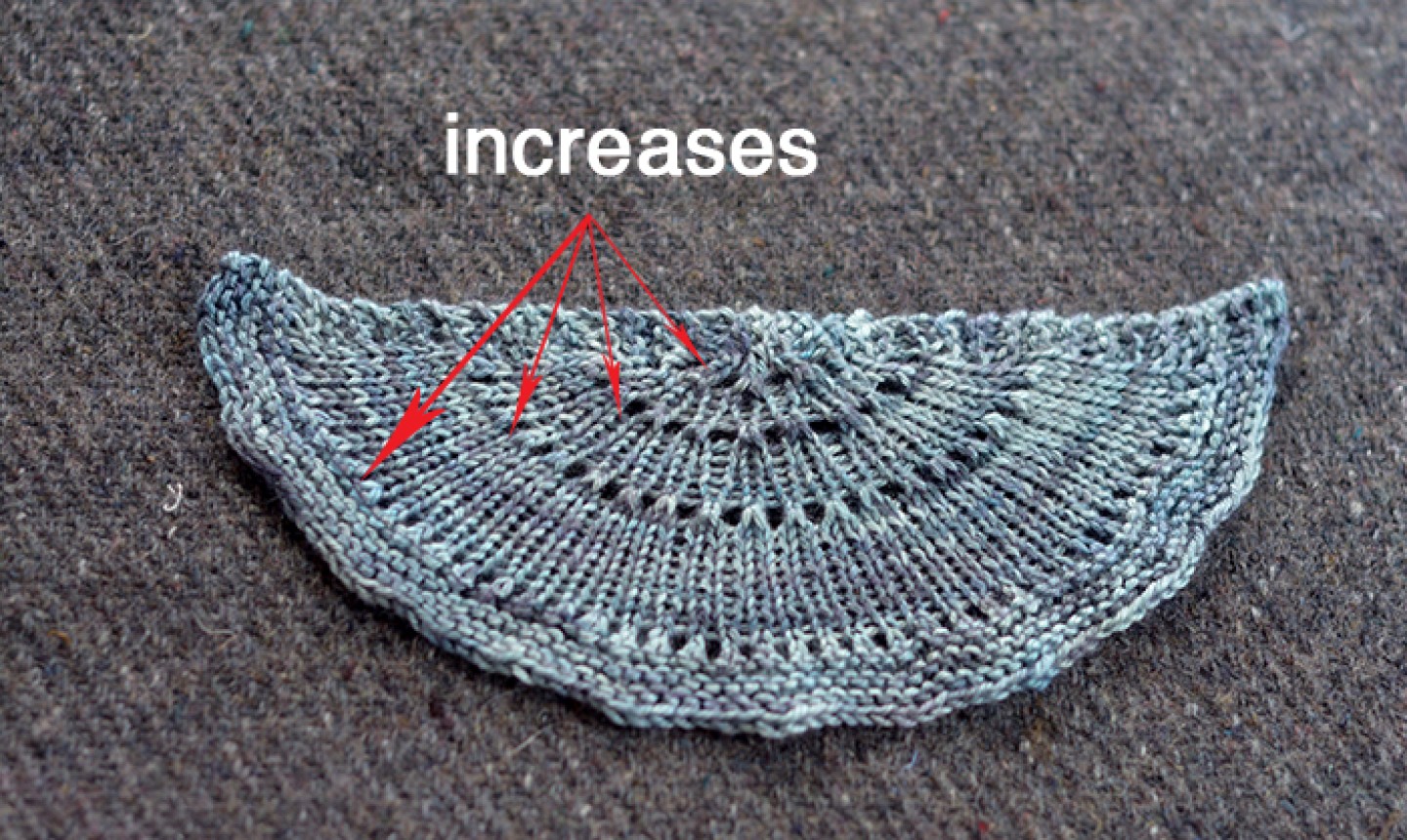 half pi shawl swatch with increases pointed out