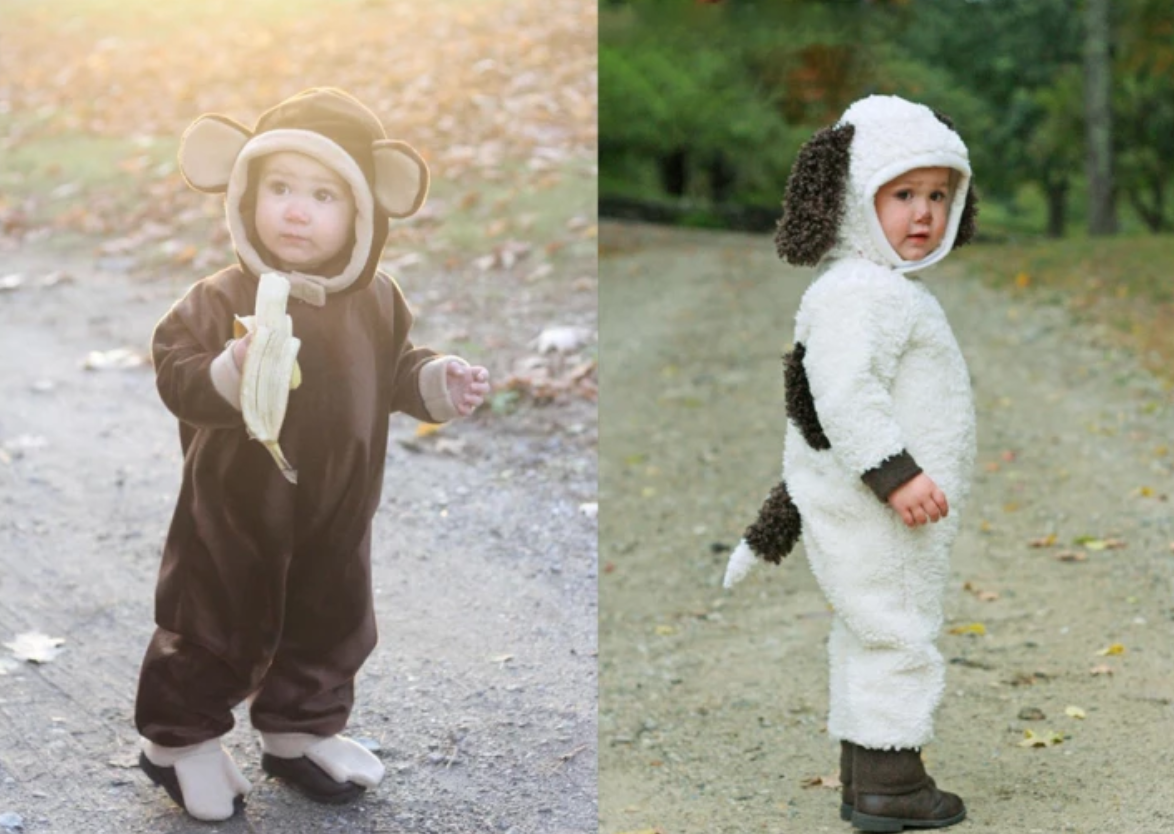 toddlers in puppy and monkey costumes