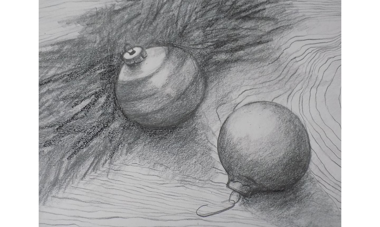 charcoal drawing of christmas ornaments