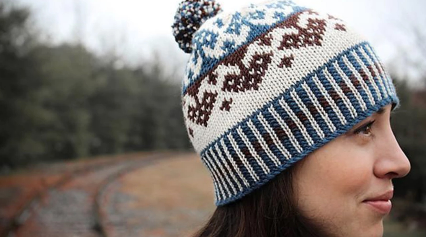 fair isle brown blue and white hat