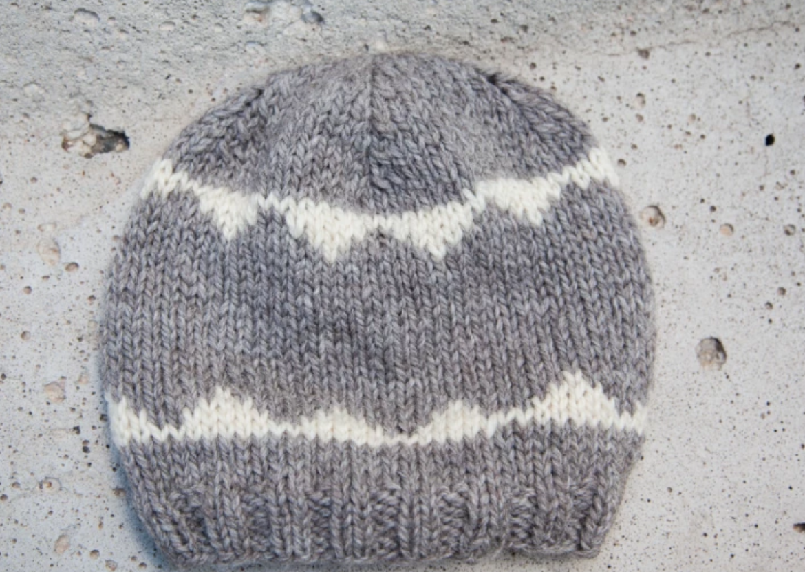 gray knit hat with white stripes