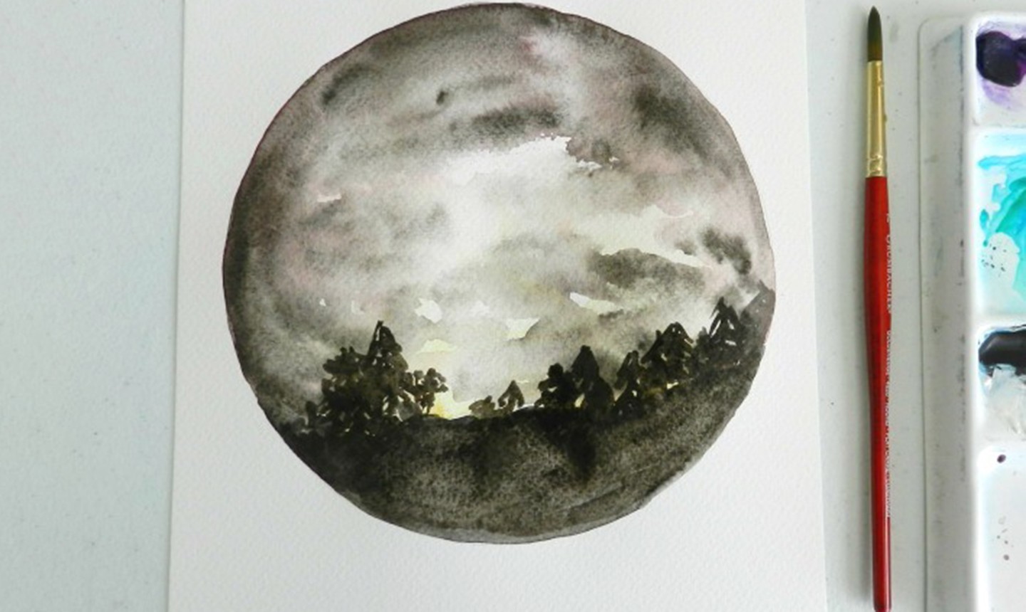 cloudy night sky watercolor painting