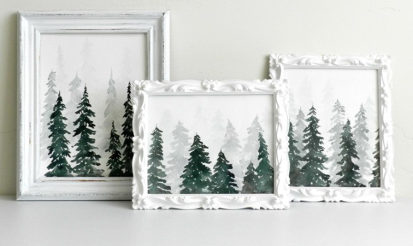 painted watercolor pine trees in frames