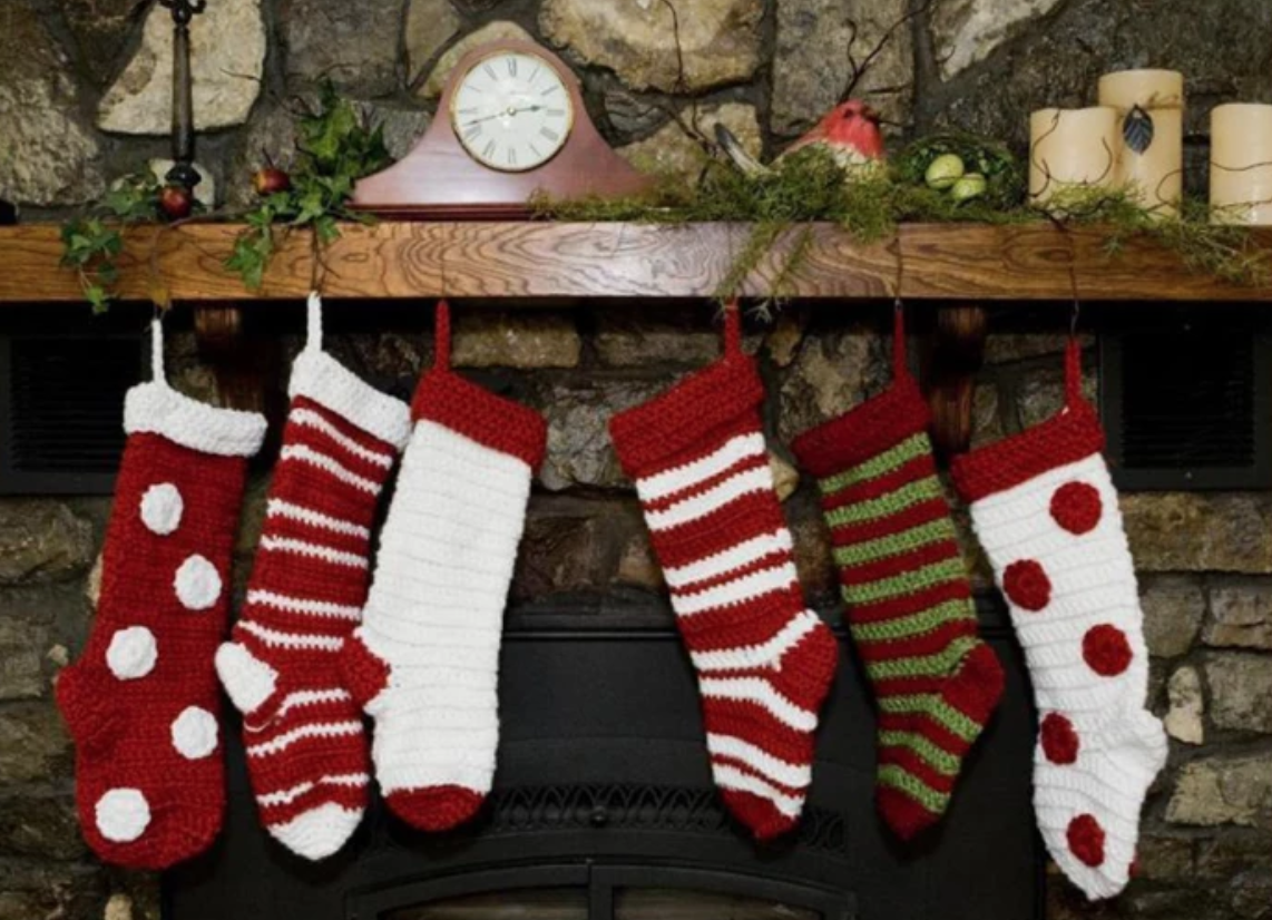 Vintage Red Panties Crochet Knitted Stockings Hung By The Chimney Christmas