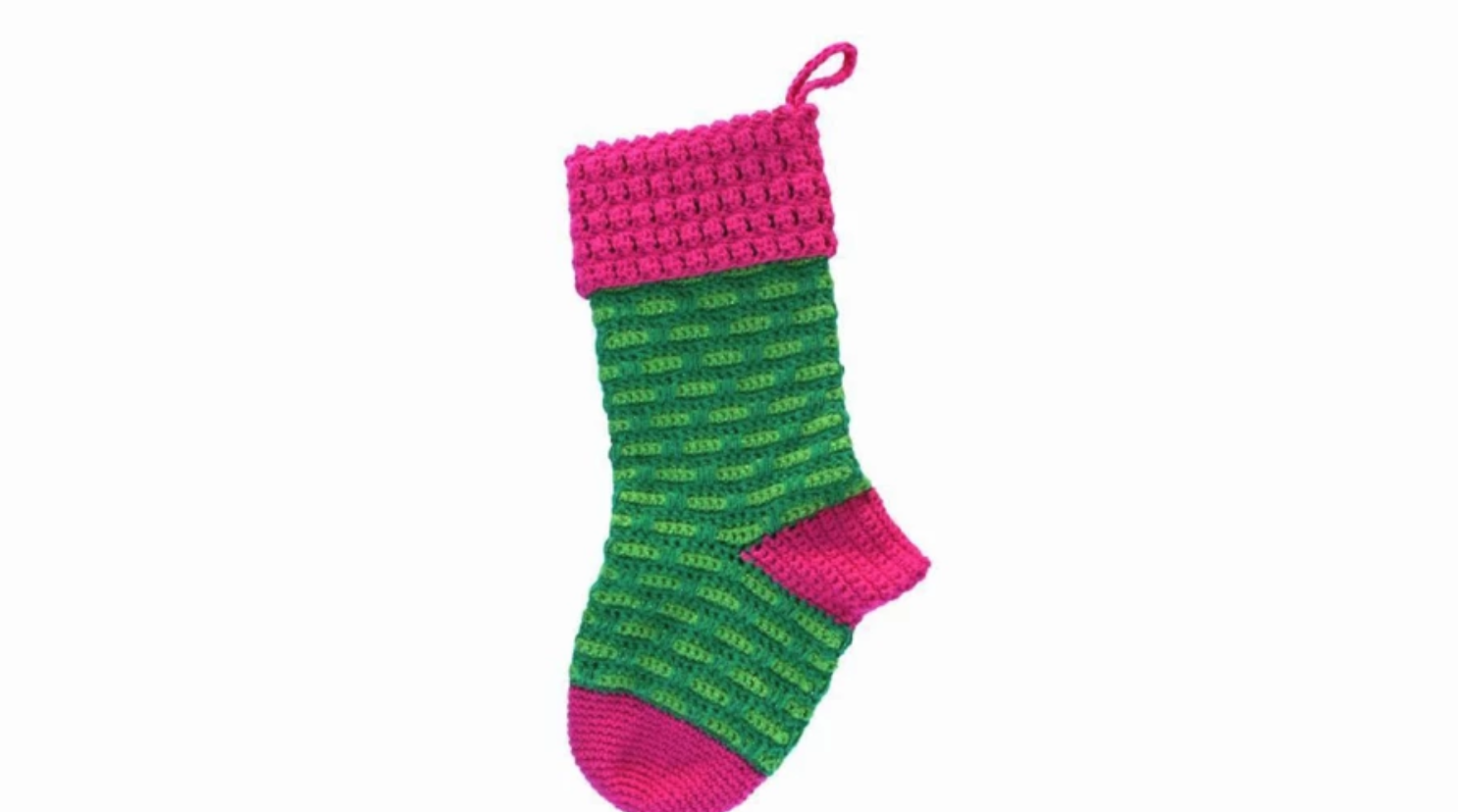 green and pink crochet stocking