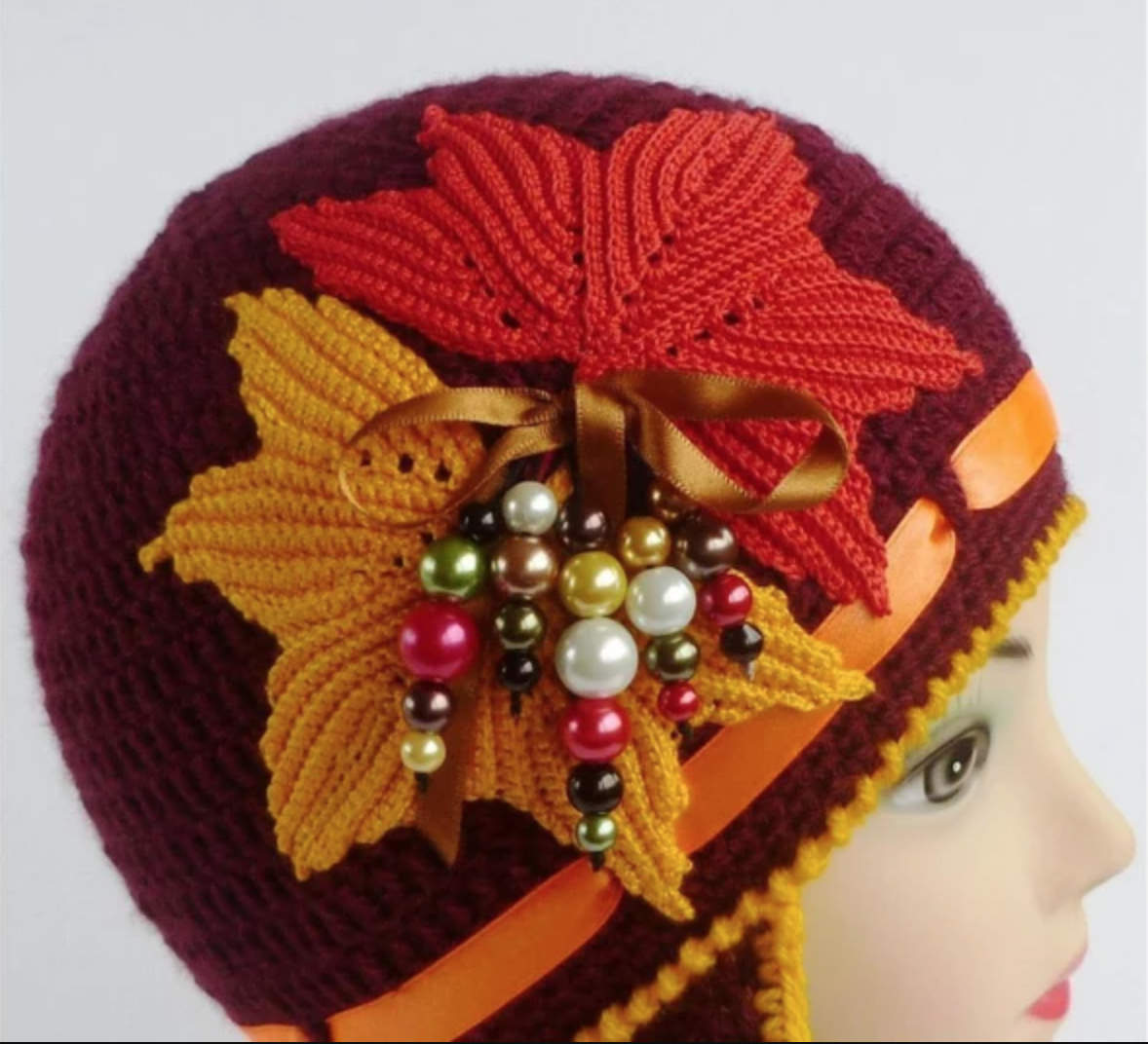 mannequin wearing crochet autumn hat