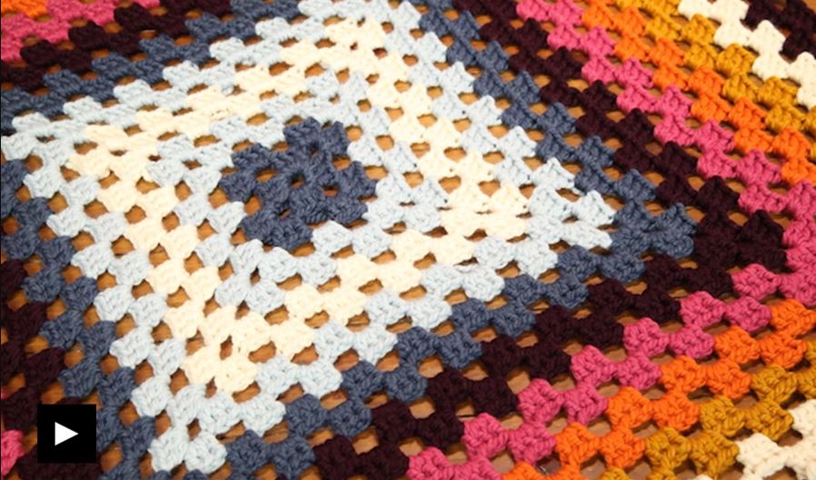 Tight shot of bright, colorful granny square afghan