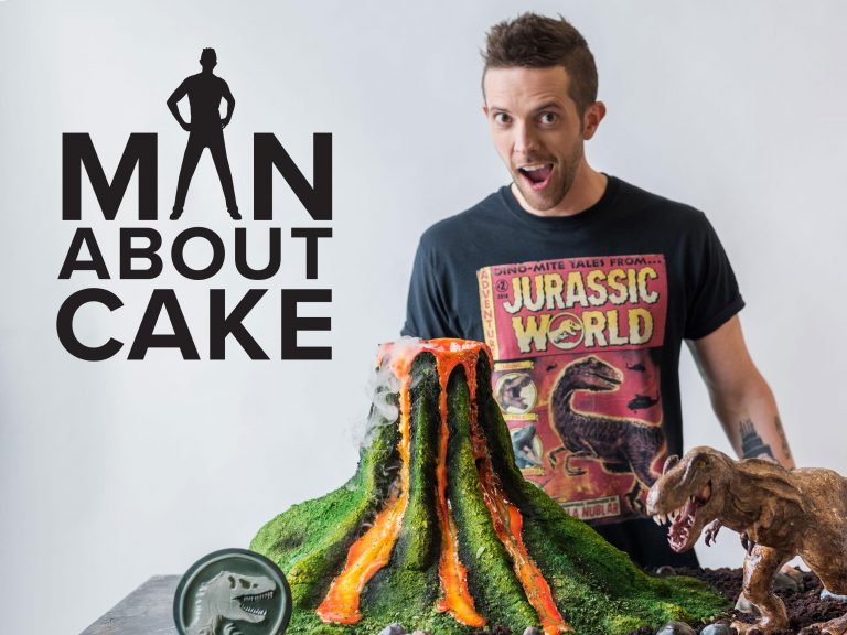 Man with a volcano cake