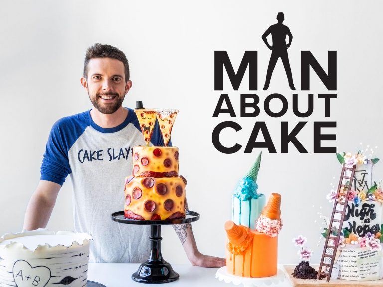 Man with decorated cakes
