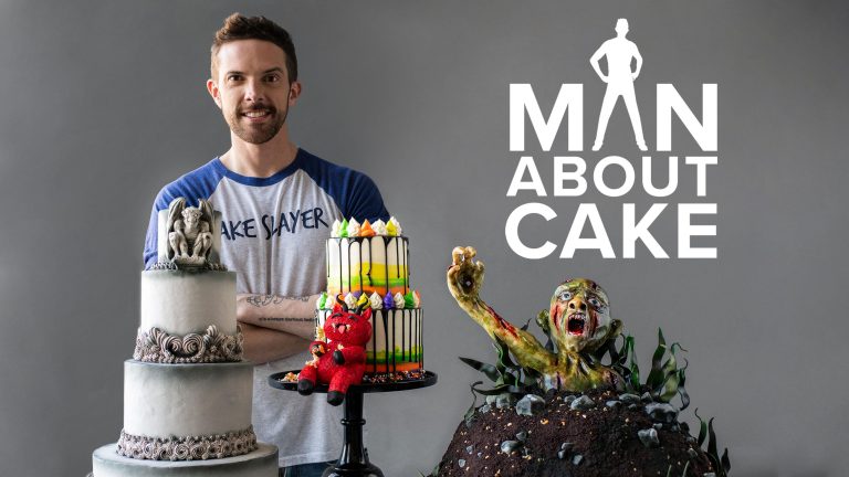 Man with monster decorated cakes