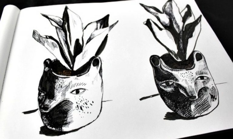 Pen and ink animal planter drawings