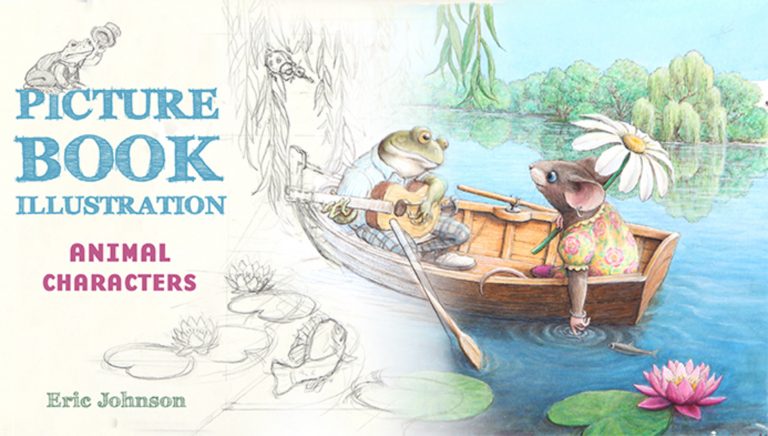 Frog and mouse in a boat picture book illustration