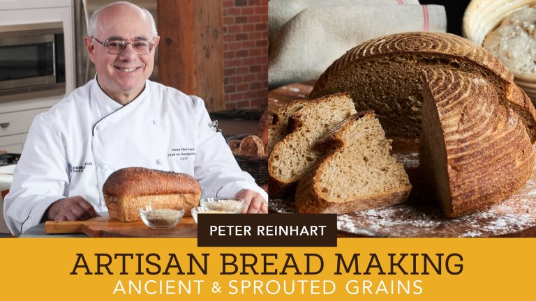 Artisan Bread Making text around a man with bread loaves
