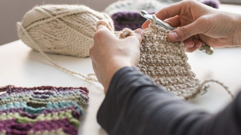 Crocheting with a light tan yarn
