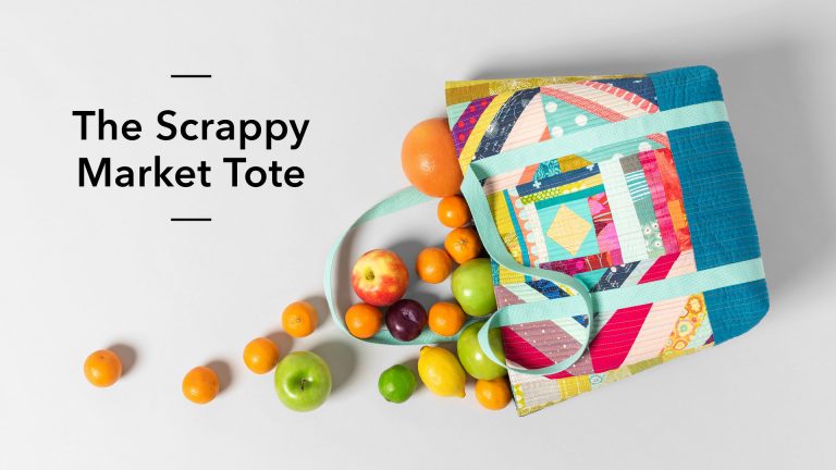 Scrap fabric tote with fruit spilling out