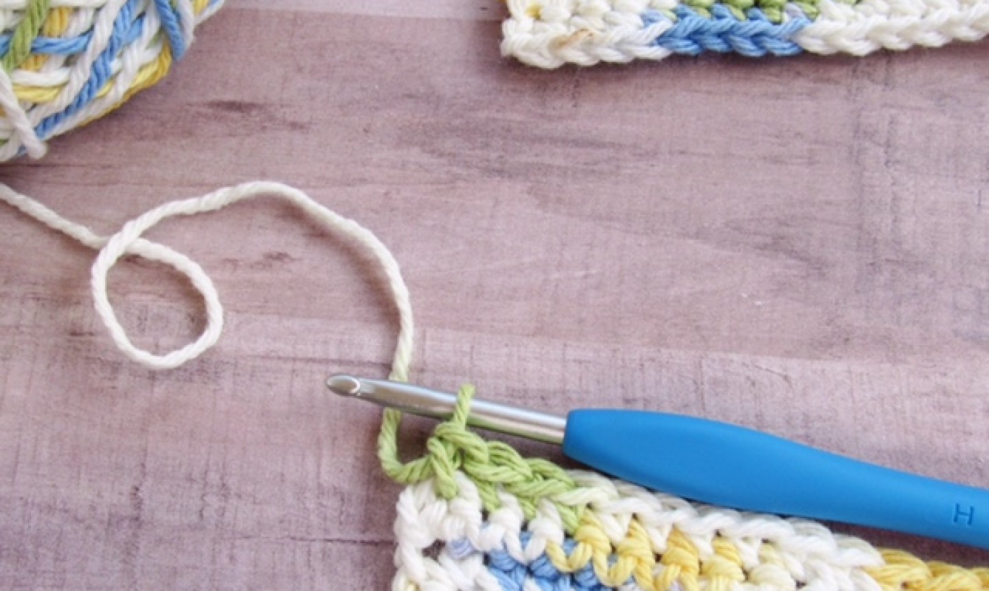 Crochet hook at top of row