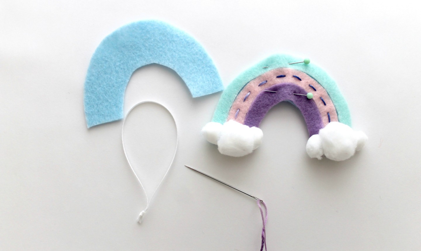 sewing arcs onto rainbow ornament