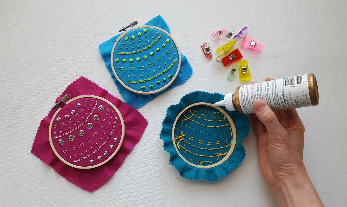 gluing christmas embroidery hoops