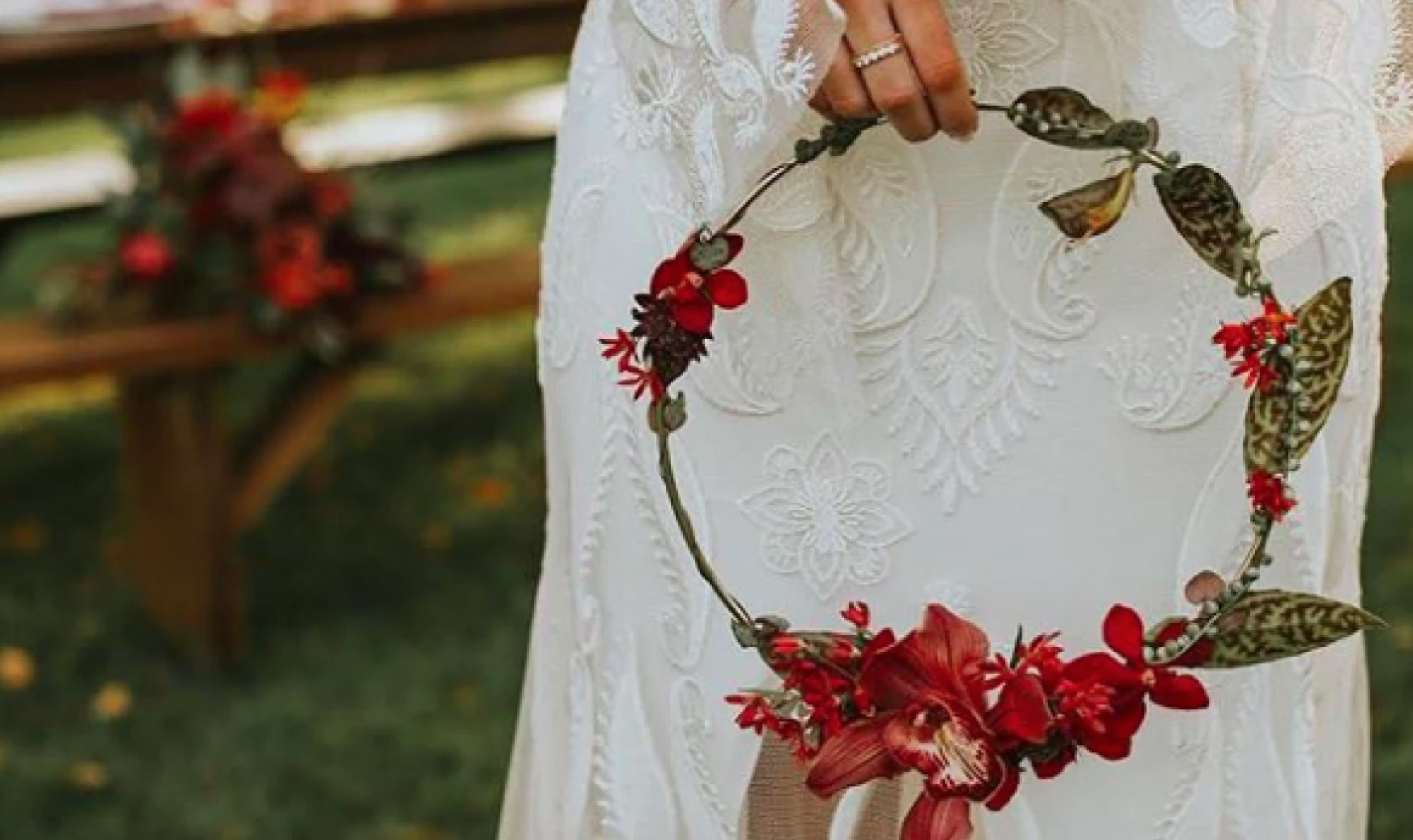 bride holding flower crown