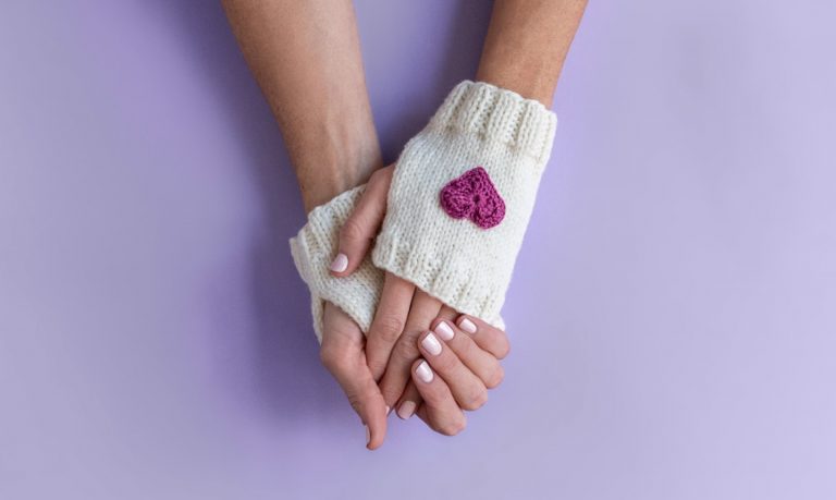 fingerless knit gloves with embroidered heart